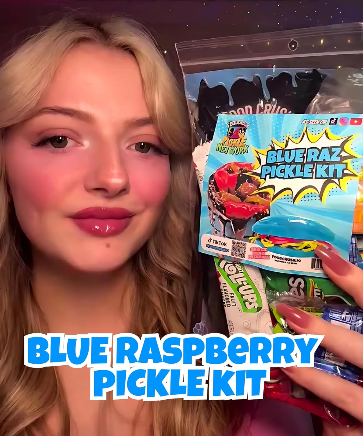 Blue Raspberry Pickle Kit-W/Cotton Candy Crunch-Candy Gift Pouch-(13 PCS) Birthday Christmas Gifts For Kids-Tiktok trend items by Food Crush (BLUE RAZ PICKLE KIT)
