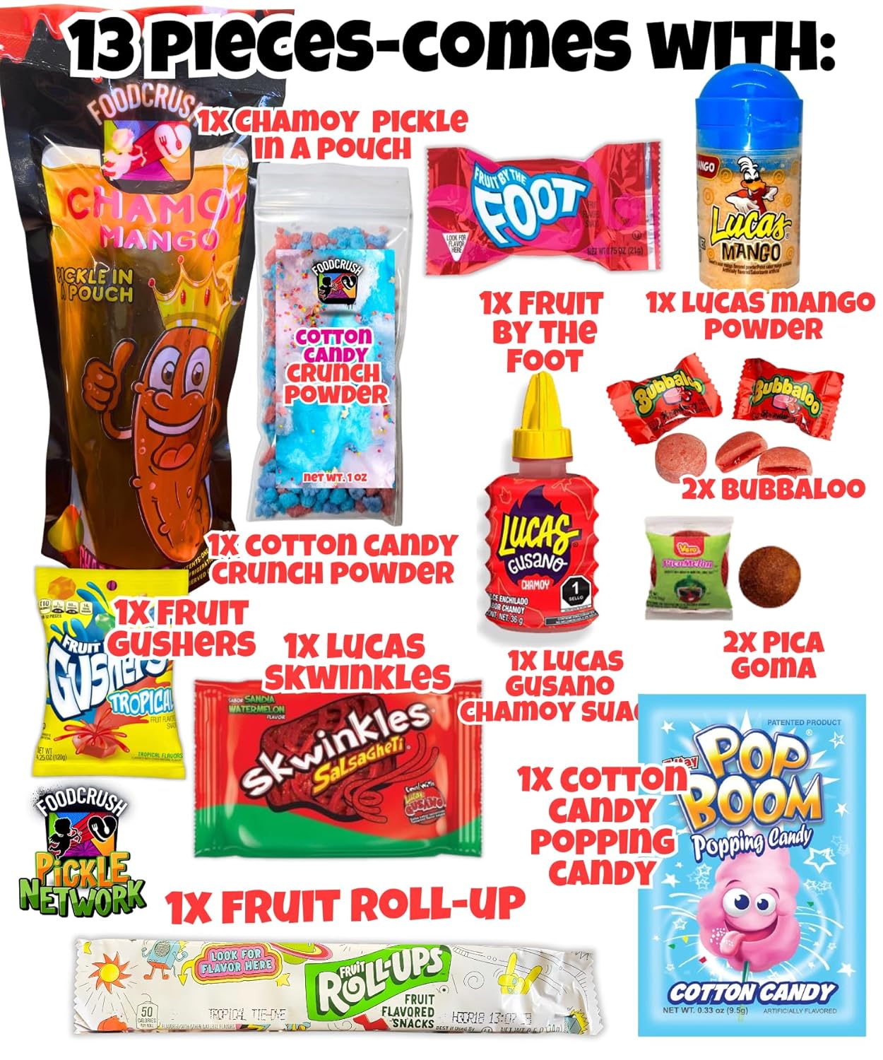 Chamoy Pickle Kit + Cotton Candy Crunch-Tiktok Candy Gift Pouch (13 Pcs)-Birthday Gifts For Teens, Kids From Tiktok w Fruit Roll ups, skwinkles salsagheti Mexican candy snacks Variety Pack by Food Crush