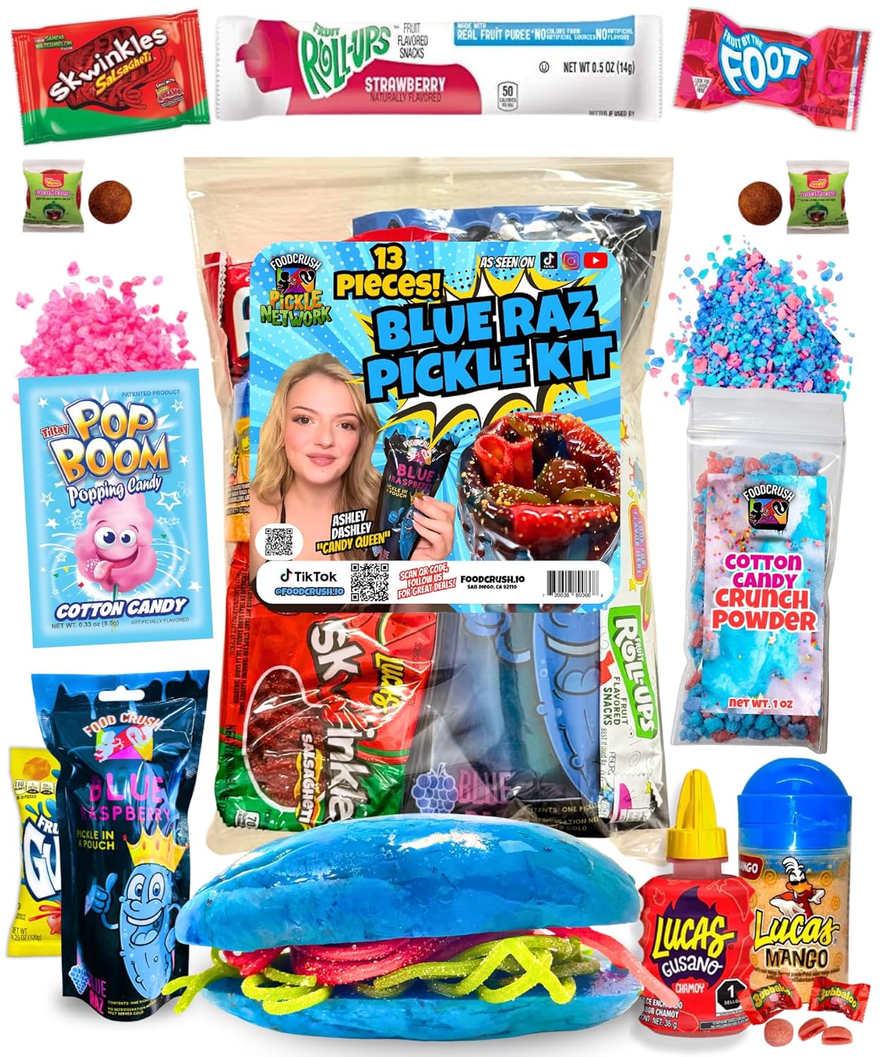 Blue Raspberry Pickle Kit-W/Cotton Candy Crunch-Candy Gift Pouch-(13 PCS) Birthday Christmas Gifts For Kids-Tiktok trend items by Food Crush (BLUE RAZ PICKLE KIT)