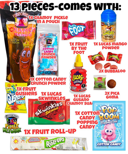 Chamoy Pickle Kit + Cotton Candy Crunch-Tiktok Candy Gift Pouch (13 Pcs)-Birthday Gifts For Teens, Kids From Tiktok w Fruit Roll ups, skwinkles salsagheti Mexican candy snacks Variety Pack by Food Crush
