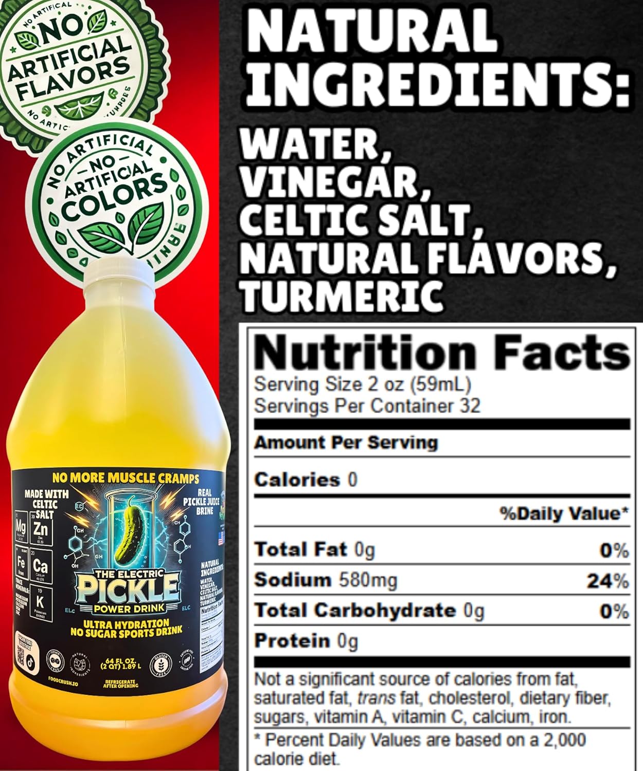 Electric Pickle Drink With Celtic Salt-Relieves Cramps & Dehydration-Electrolyte Hydration Formula Sports Drink-Dill Pickle Juice For Leg Cramps-0 Sugar 0 Carbs -Electrolytes-32 shots-Liquid Daily IV