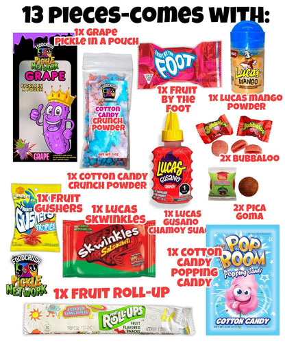 Grape Pickle Kit | Candy Gift Pouch-Gifts For Kids teens teen girl boy | w/Fruit Roll ups, skwinkles salsagheti, Lucas chamoy sauce, Mexican candy snacks Variety Pack Tiktok trend items by Food Crush