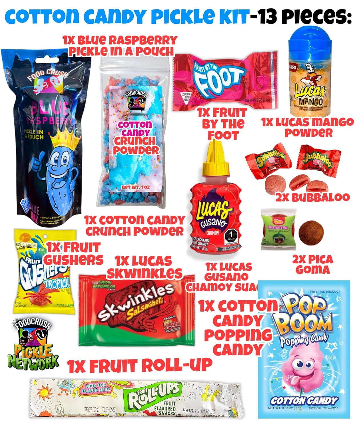 Blue Raspberry Pickle Kit-W/Cotton Candy Crunch-Candy Gift Pouch-(13 PCS) Birthday Christmas Gifts For Kids-Tiktok trend items by Food Crush (BLUE RAZ PICKLE KIT)