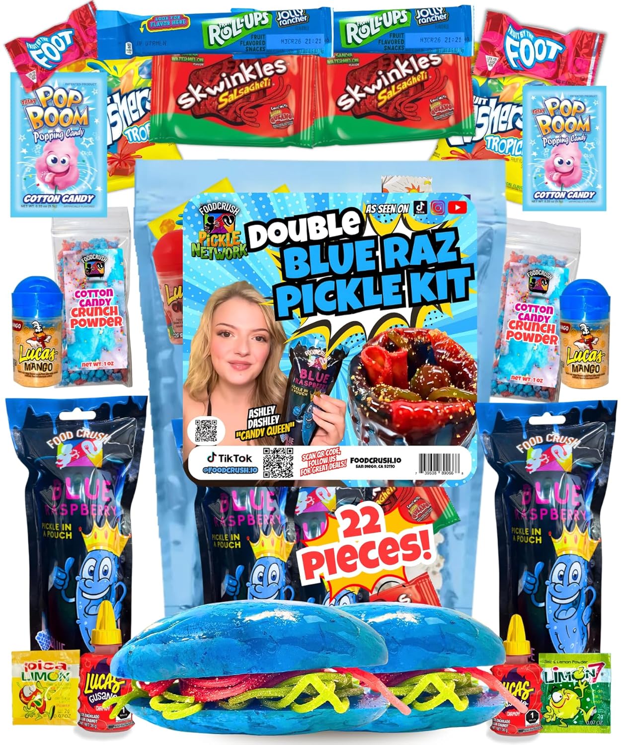 Ashley Dashley's Double Blue Raspberry Pickle Kit-Gift Pouch-2 Blue Raz Pickles w/Cotton Candy Crunch Powder, Fruit Roll Ups-Tiktok Trend Items by Food Crush