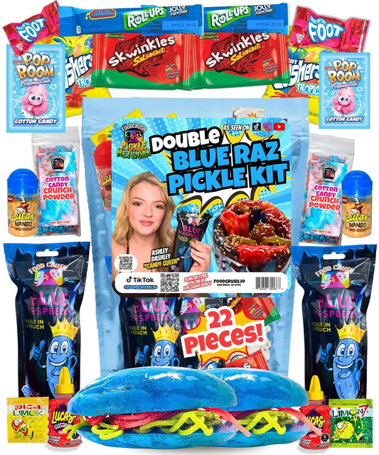 Ashley Dashley's Double Blue Raspberry Pickle Kit-Gift Pouch-2 Blue Raz Pickles w/Cotton Candy Crunch Powder, Fruit Roll Ups-Tiktok Trend Items by Food Crush