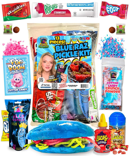 Blue Raspberry Pickle Kit-W/Cotton Candy Crunch-Candy Gift Pouch-(13 PCS) Birthday Christmas Gifts For Kids-Tiktok trend items by Food Crush (BLUE RAZ PICKLE KIT)