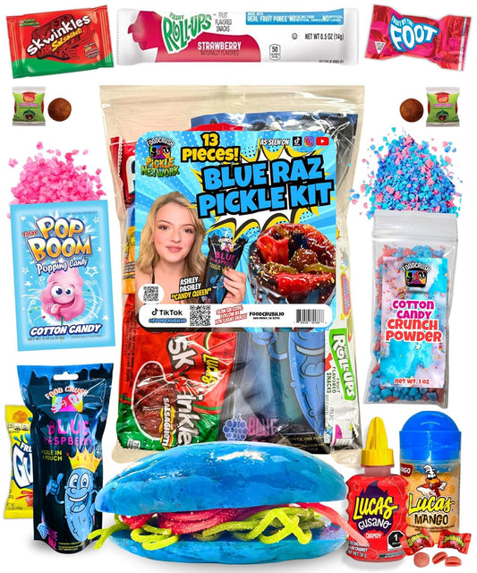 Blue Raspberry Pickle Kit-W/Cotton Candy Crunch-Candy Gift Pouch-(13 PCS) Birthday Christmas Gifts For Kids-Tiktok trend items by Food Crush (BLUE RAZ PICKLE KIT)