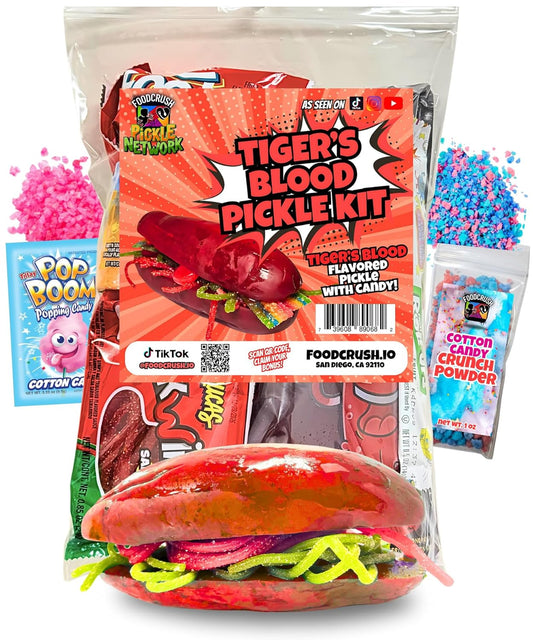Tigers Blood (Coconut + Cherry) Cotton Candy Pickle Kit-Tiktok Candy Gift Pouch (13 Pcs)-Easter Gifts For Teens, Kids, Girls, Boys, BF, GF w Fruit Roll ups, skwinkles Mexican snacks Variety Pack